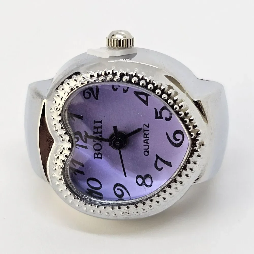 LOVE Ring Watch Women Analog Purple Dial Quartz Watch Stretch Band‎ Finger Watch